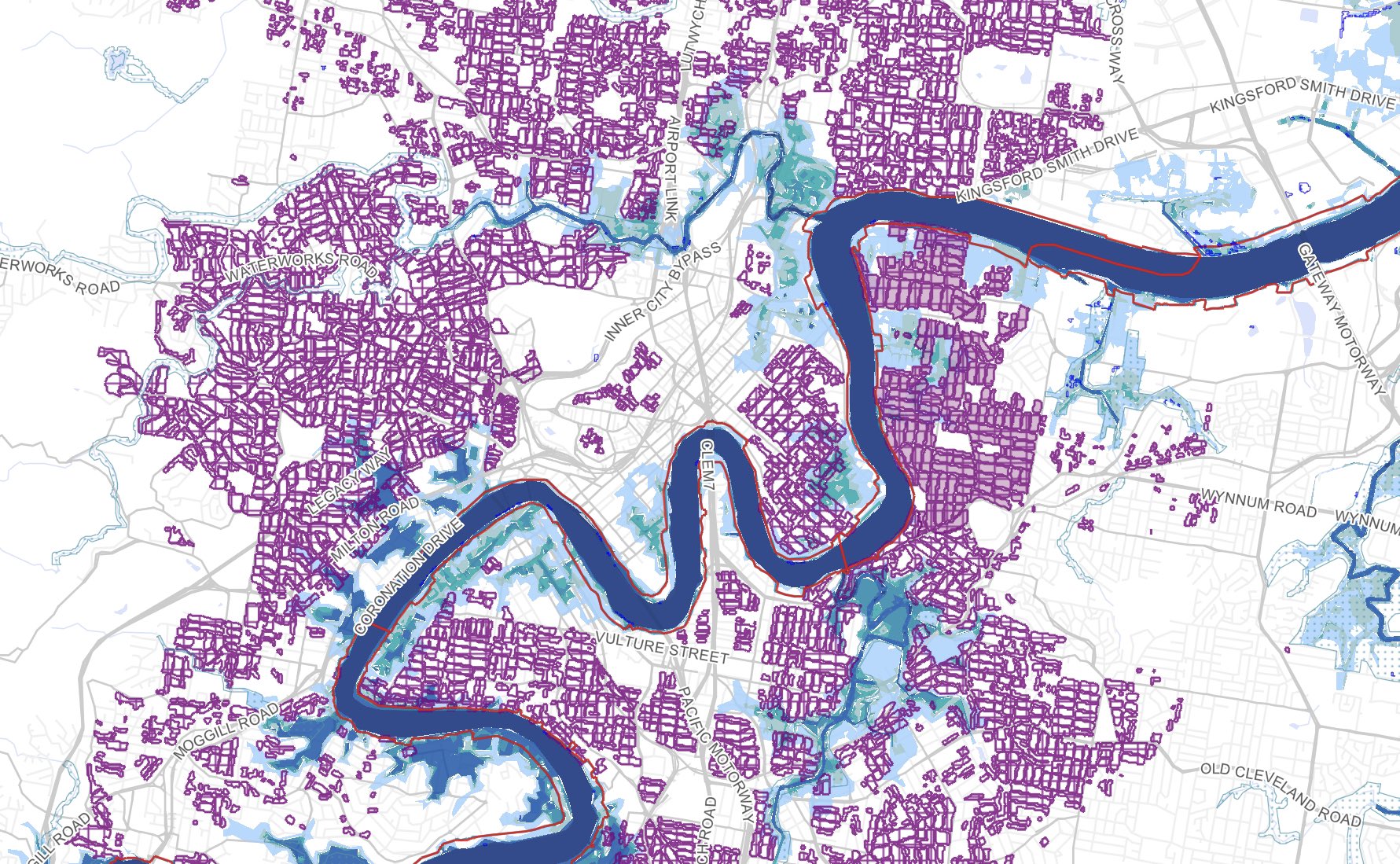 A picture of inner Brisbane's character neighbourhood zoning overlaid on the flood risk map.