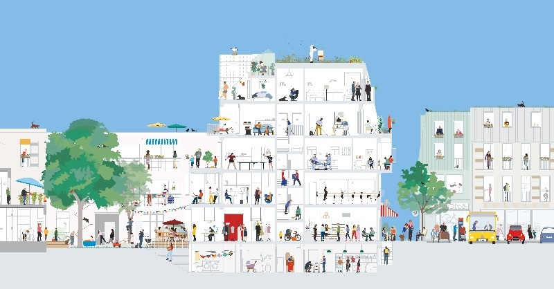 Graphic of a building and streetscape cross-section. A wide variety of activities are depicted.