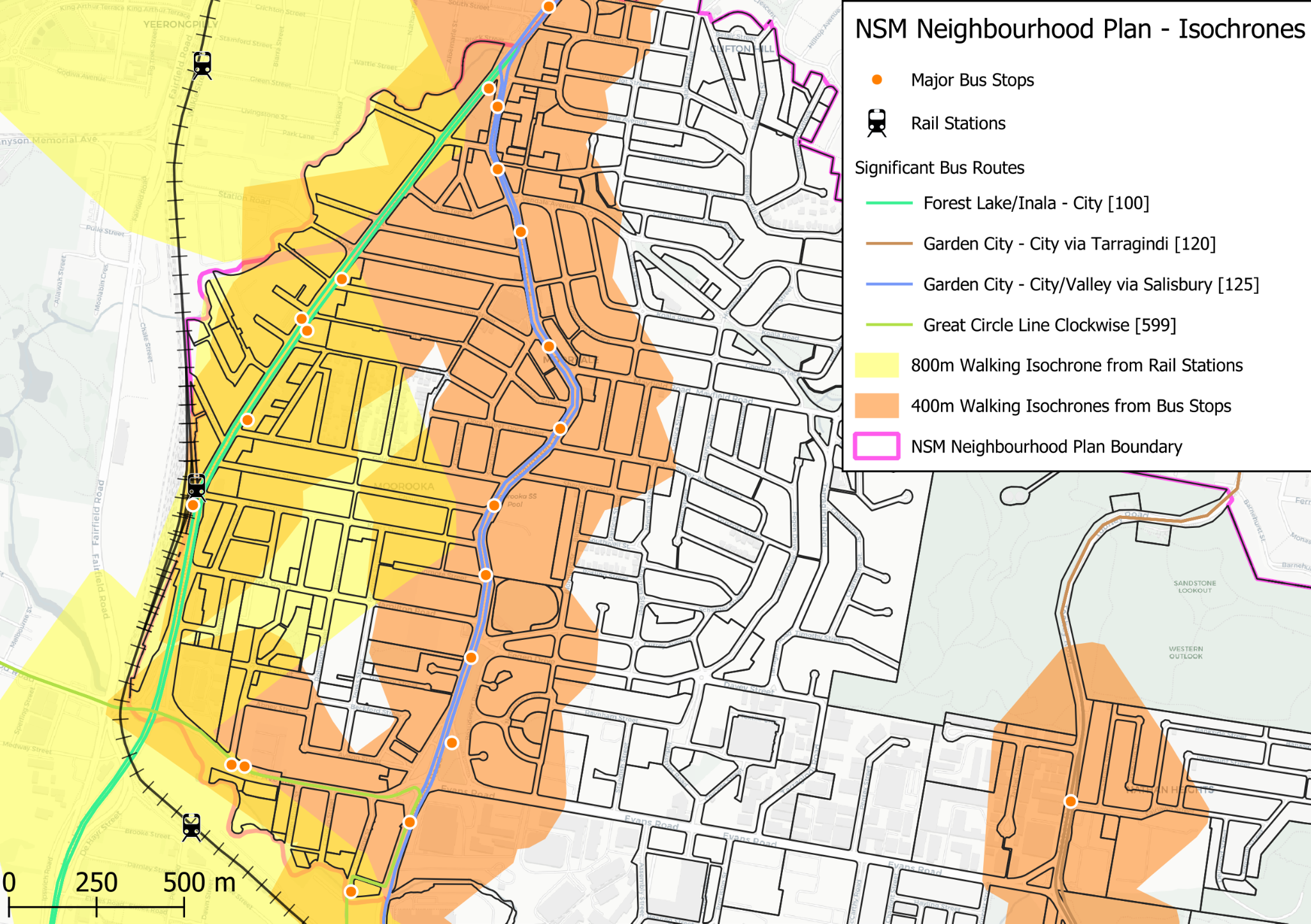 Map of the Moorooka-Salisbury area showing walk isochrones to public transport