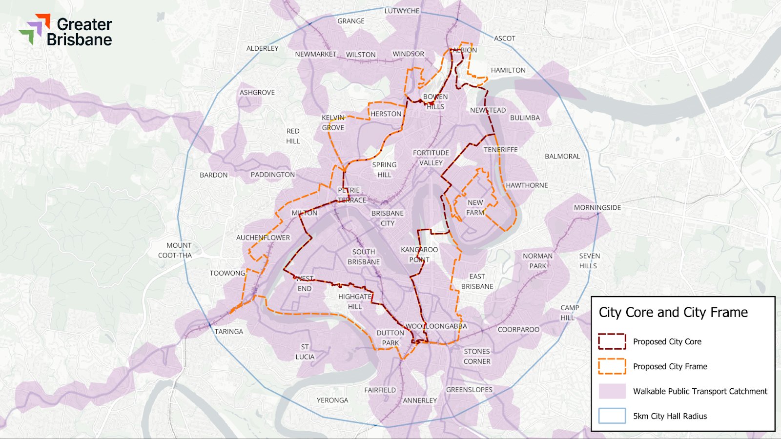 Map of inner Brisbane (5km radius from City Hall) showing the proposed city core and city frame areas, with 400m walksheds for major public transport infrastructure.